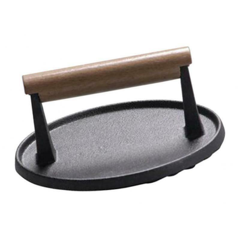 1x Professional BBQ Steak Meat Grill Press Cast Iron W/Wooden Handle