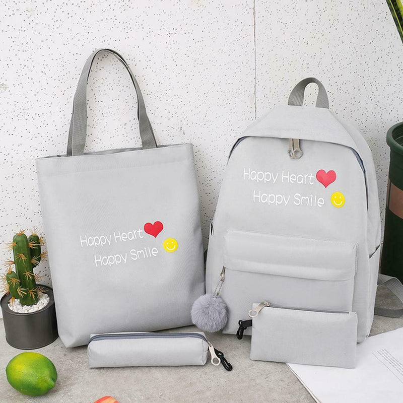 4pcs/set Letter Print Canvas Women Backpack Travel Schoolbag Totes (Grey) A