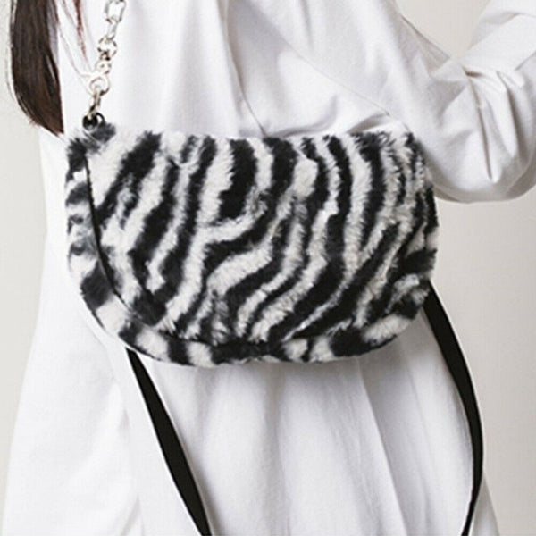 Lady Zebra Pattern Plush Shoulder Handbags Small Purse Tote Street Messenger Bag