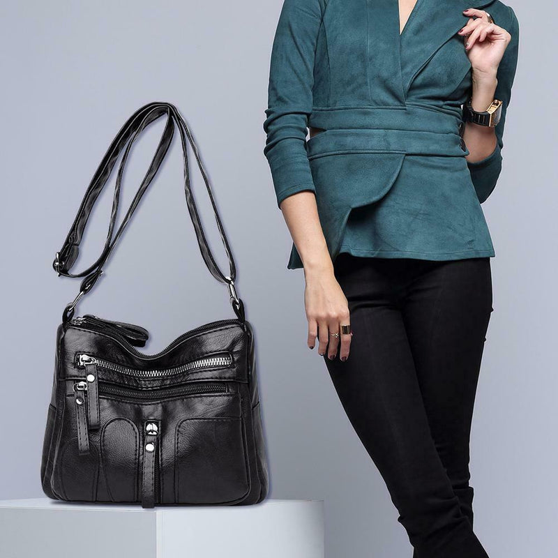 Daily Leather Mom Bag Multi-Pockets Women Shoulder Crossbody Bags (Black)