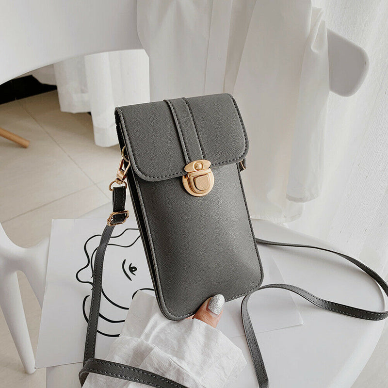 Women Touch Screen Phone Pouch PU Splicing PVC Crossbody Bag (Dark Grey)