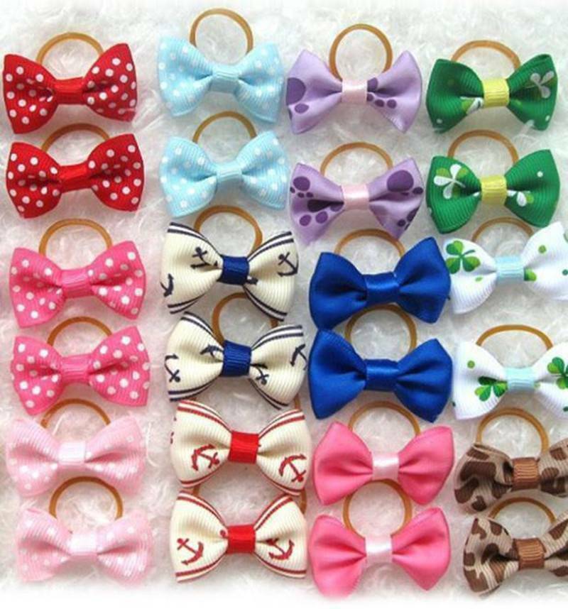 50pcs New Assorted Pet Cat Dog Hair Bows with Rubber Bands Grooming Acces.w G9I6