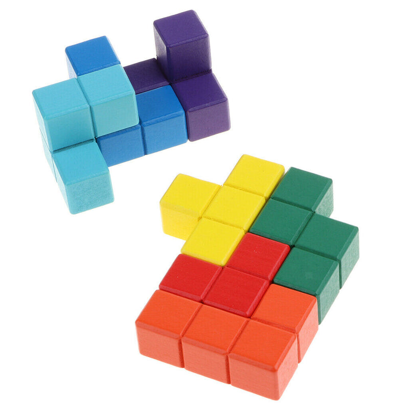 Soma Cube Wooden  Puzzle Box Stacking Blocks Games with 7 Colorful Bricks, 3x3
