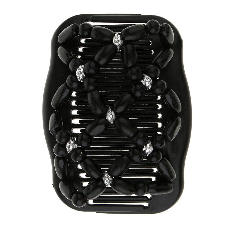2 Pack Elastic Double Clips Hair Comb  Wooden Beads Stretching
