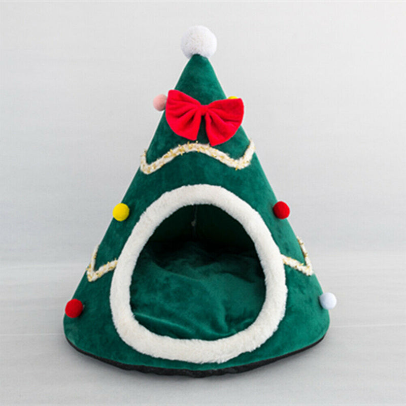 Christmas Tree Shape Dog Cat House Home Warm Sleeping Bed Nest (Green)(S) A