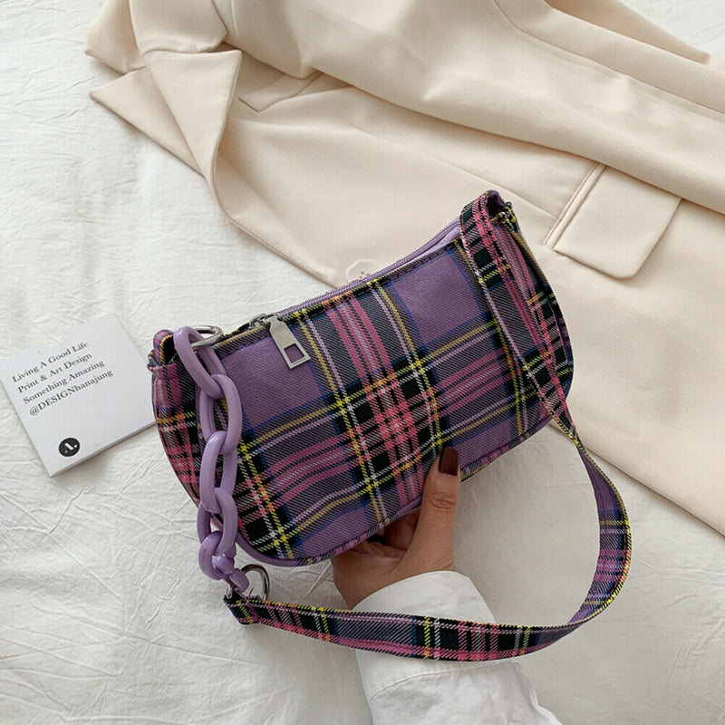 Retro Plaid Women Shoulder Underarm Bag Chain Handbags Canvas Tote (Purple)