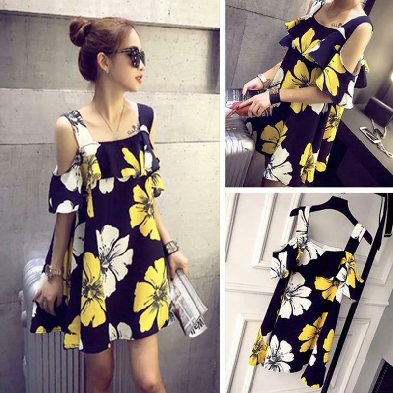 Fashion Floral Print Dress Women Summer Square Collar Ruffle Loose Dresses A