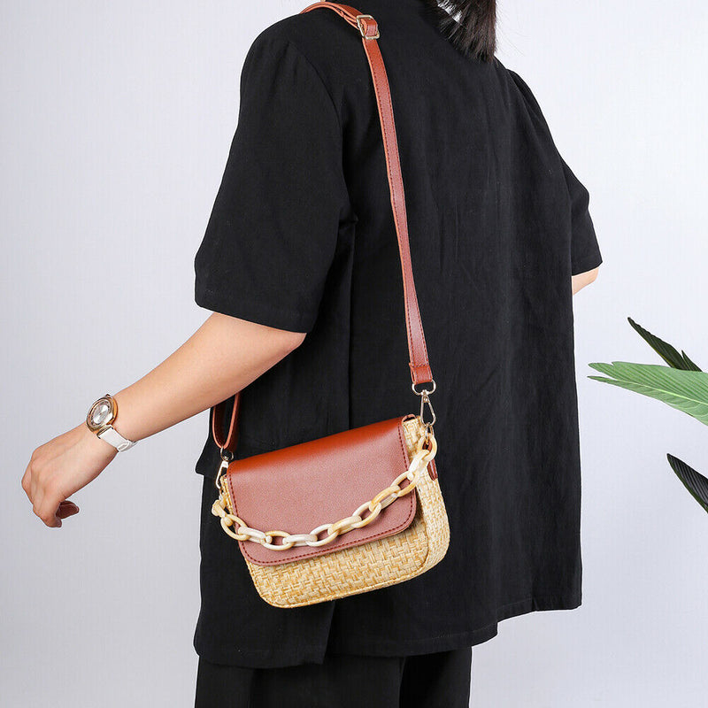Woven Straw Shoulder Bag Women PU Splicing Beach Travel Small Money Pouch