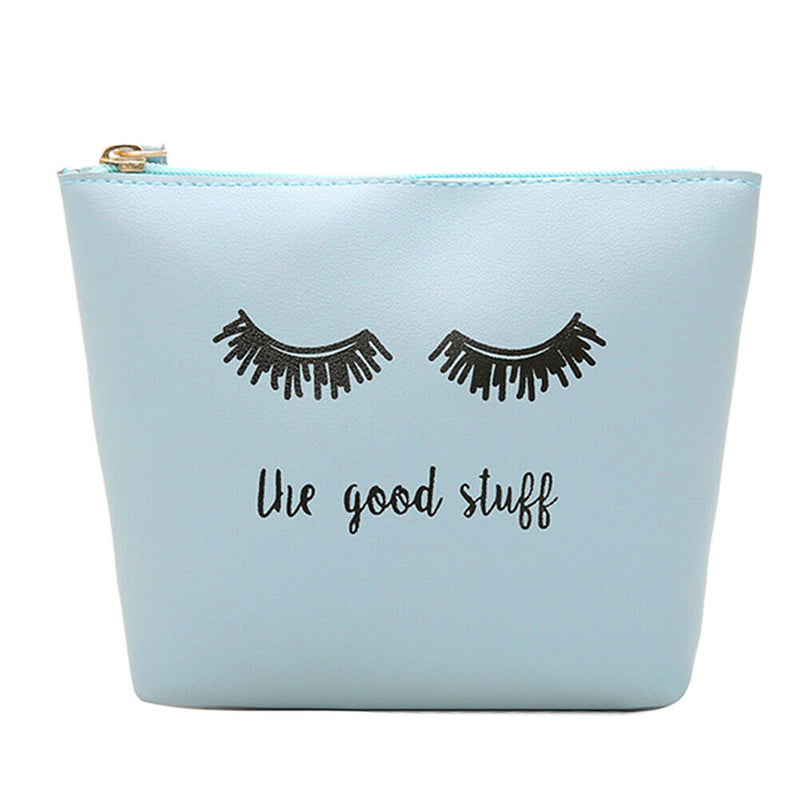 Women Travel Cosmetic Clutch Bag Leather Letter Print Makeup Pouch (Blue) A