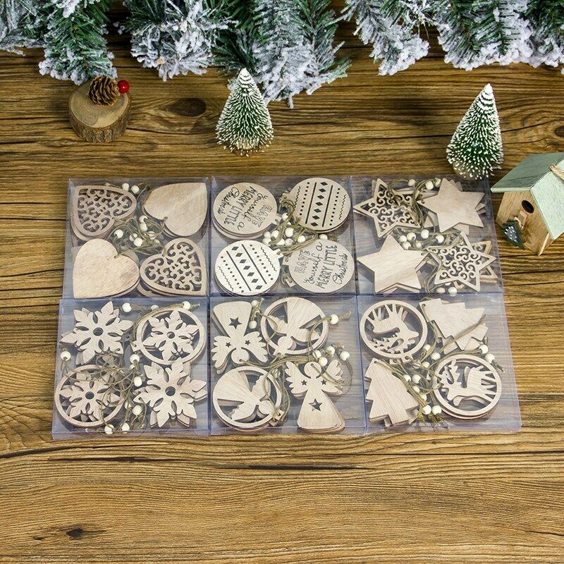 1 Set Happy New Year Wooden Angel Snowflake Christmas Pendants Craft Christ