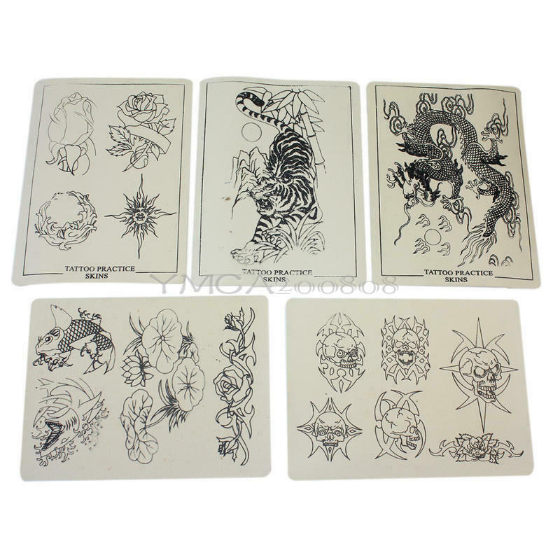 5 x Tattoo Practice Skins with Designs for Needle Machine Gun Supply Kit Set