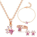 4pcs Pet Animal Footprints Paw Chain Necklace Bracelet Ring Drop Earing Set A