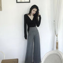 Women Autumn Long Sleeve Solid V-Neck Bandage Sexy Crop Tops (Black XL)