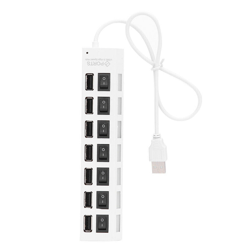 7 Ports High Speed USB 2.0 Hub Splitter w/ON/OFF Switch for Laptop (White)