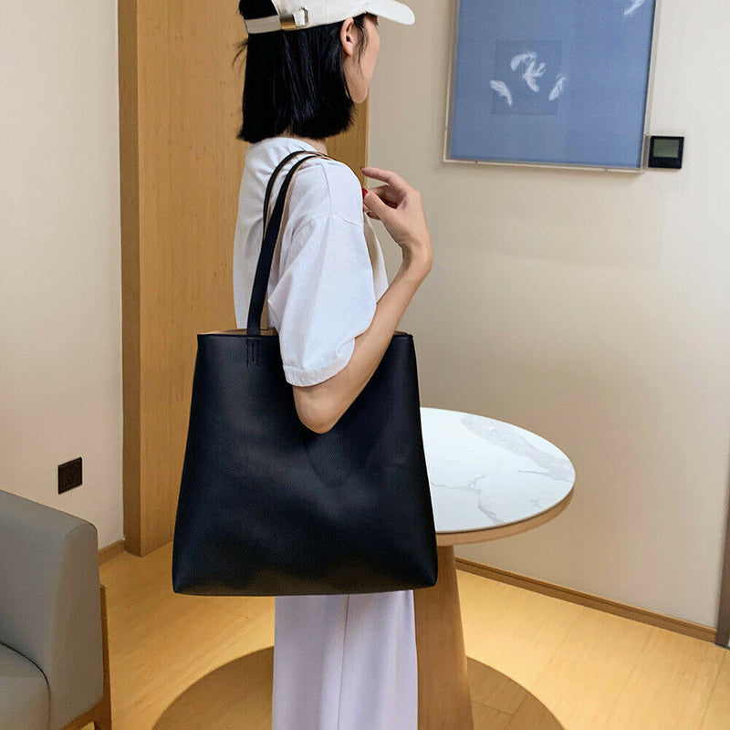 Fashion PU Handbag Women Totes Simple Large Capacity Shoulder Bag (Black)