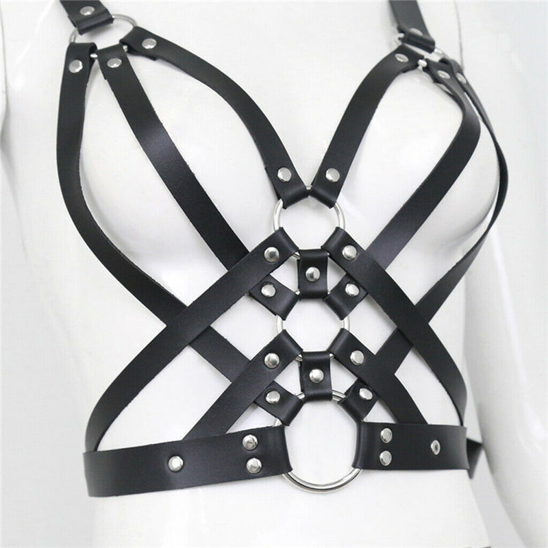 Womens Leather Body Chest Harness Belt Rivet Cage Bra Strap Metal  Party
