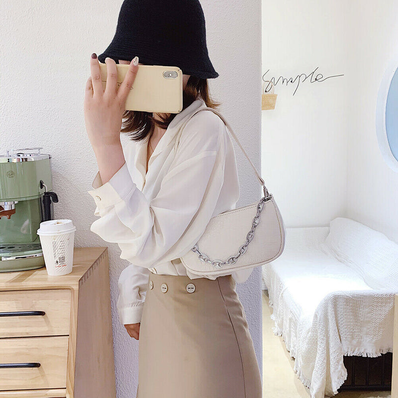 Alligator Pattern Shoulder Totes Bag Women Leather Chain Handbag (Beige)