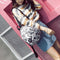 Summer Women PU Leather Floral Printed Backpack School Travel Bag(Black)