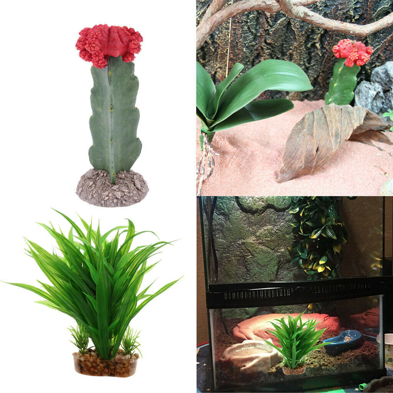 2Pcs Natural Looking Artificial Leaf & Cactus Aquarium Plant Decor Ornament