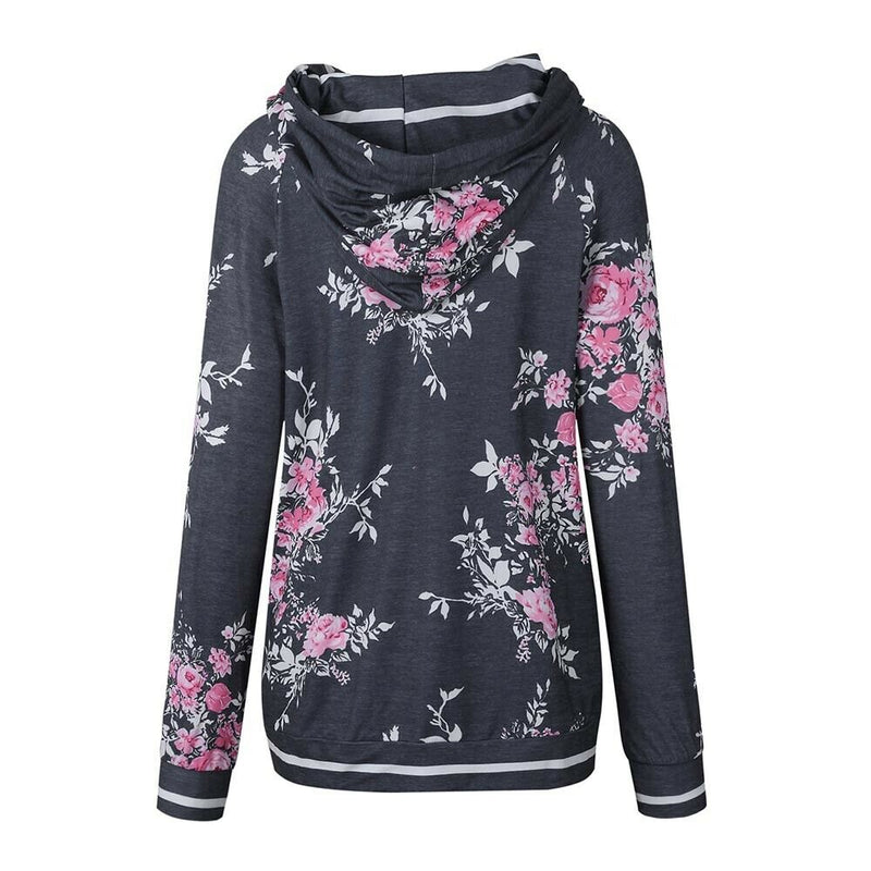 Womens Dark Gray Pullover Long Sleeve Floral Hoodies Coat Sweatshirt W/ Pocket