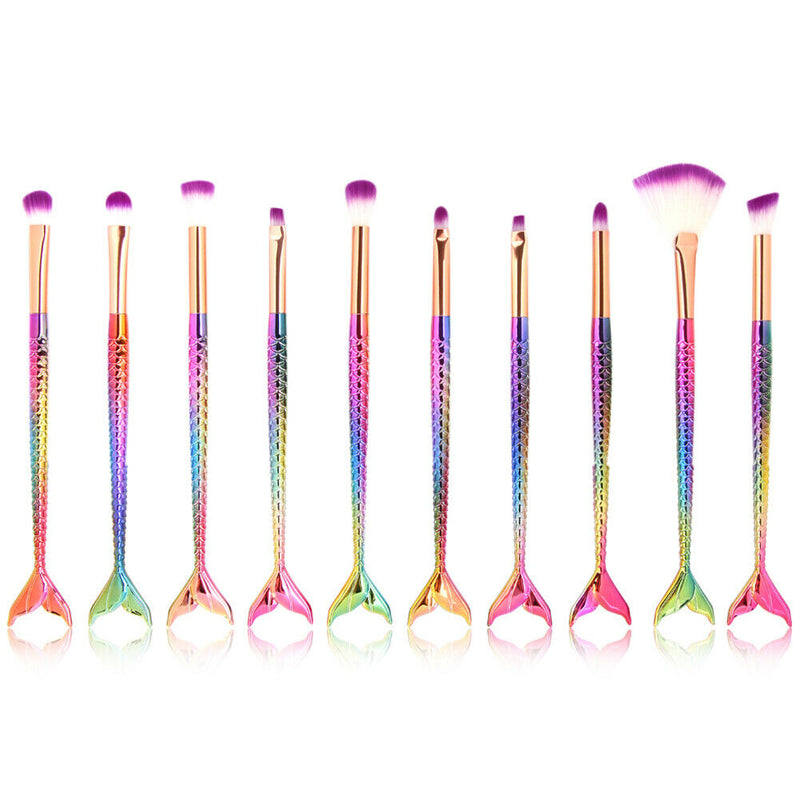 10pcs Fish Tail Foundation Powder Eyeshadow Eyeliner Makeup Brush(Colorful) A
