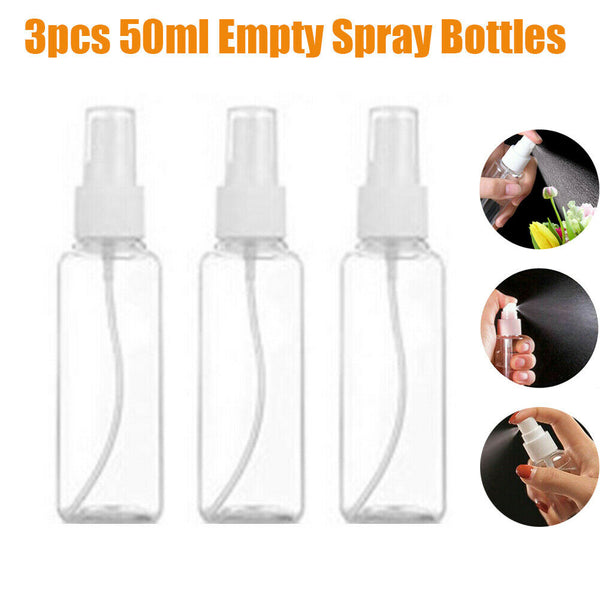 3pcs 50ml Clear Empty Spray Bottles Plastic Refillable Cosmetic Container Travel