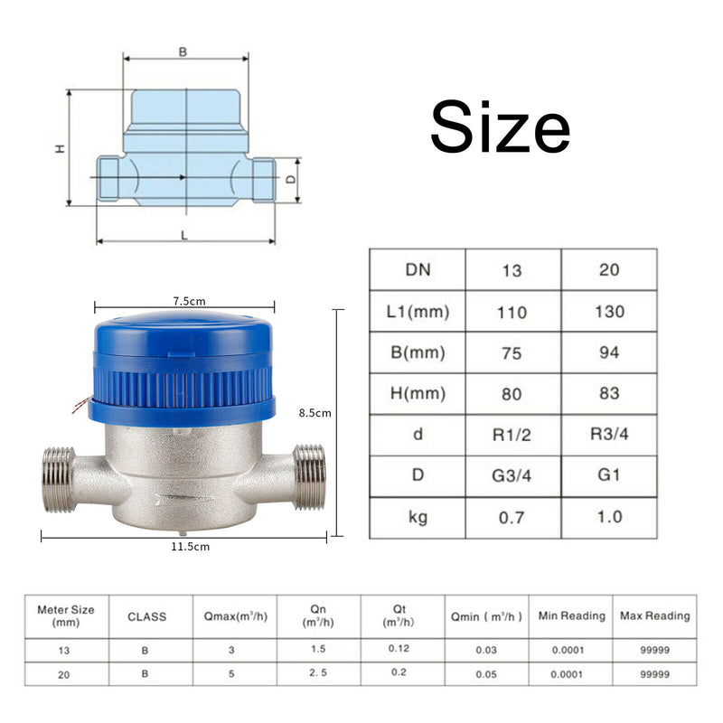 Cold Water Meter Water Flow Measure 1/2" BSP with Fittings Home, Garden