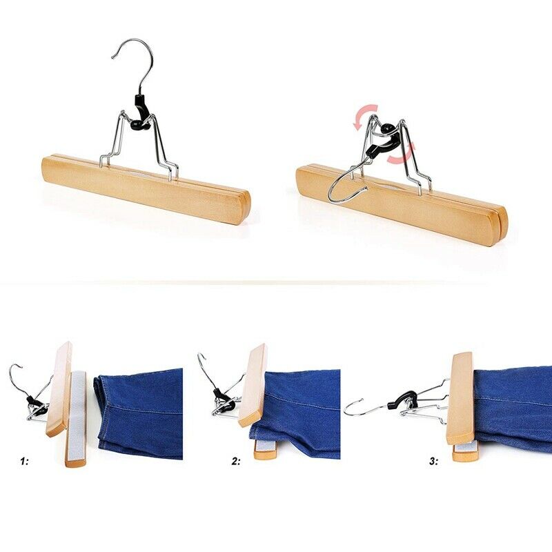 1 Set of 10 Trouser Clamp Hanger Solid Wood Anti-Slip Felt Hook Pant Skirt HZ8L2