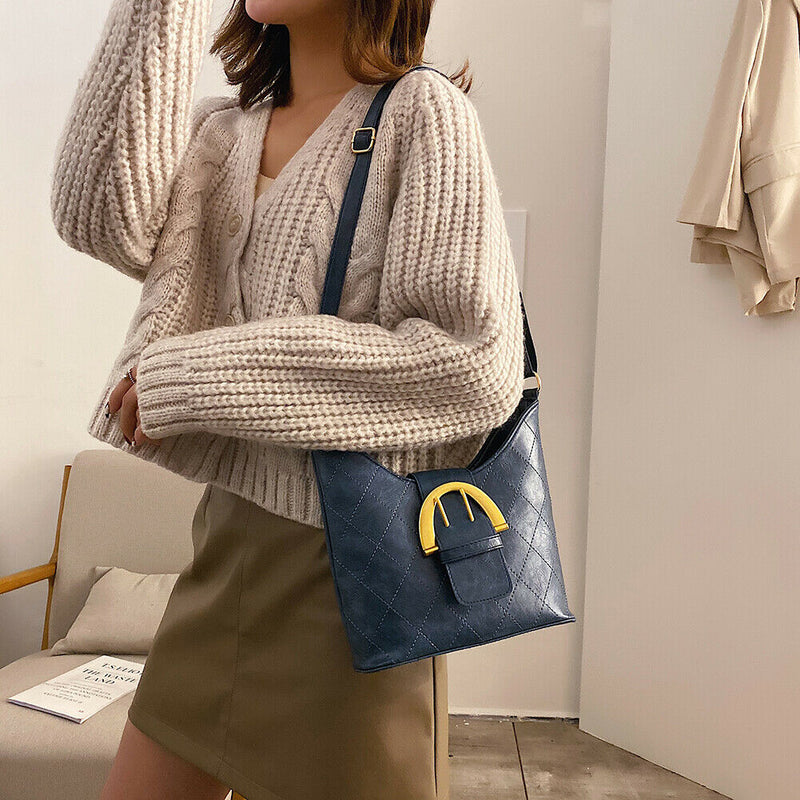 Retro Women Messenger Bag Leather Lattice Shoulder Bucket Handbag (Blue)