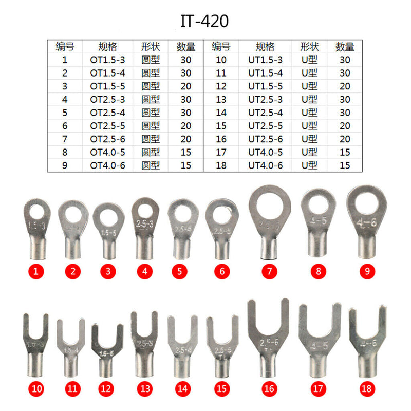 420 Piece Cold Pressed Non-Insulated Ring Terminal Fork Connector Crimp