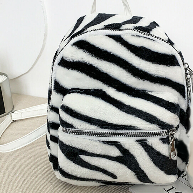 Cow Zebra Print Shoulder Schoolbag Women Girl Plush Mini Backpack (Style 1)