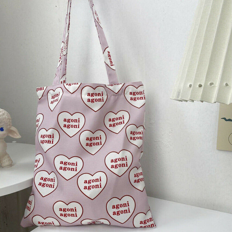 Women Canvas Handbags Tote Heart Letter Reusable Portable Shopping Shoulder Bag