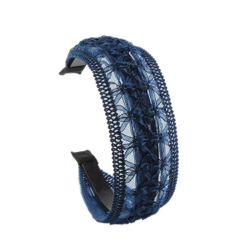 Blue Lace Floral Embroidery Wide Alice Band Headband Hairband for Women