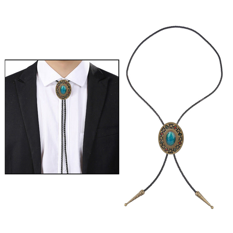 Men Bolo Tie Necklace Turquoise Stone Western Cowboy PU Leather Rope Necktie