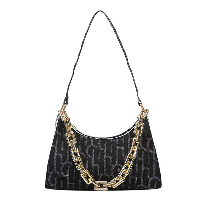 Casual Printed Women Handbag Totes PU Chain Underarm Shoulder Bags (Black) A