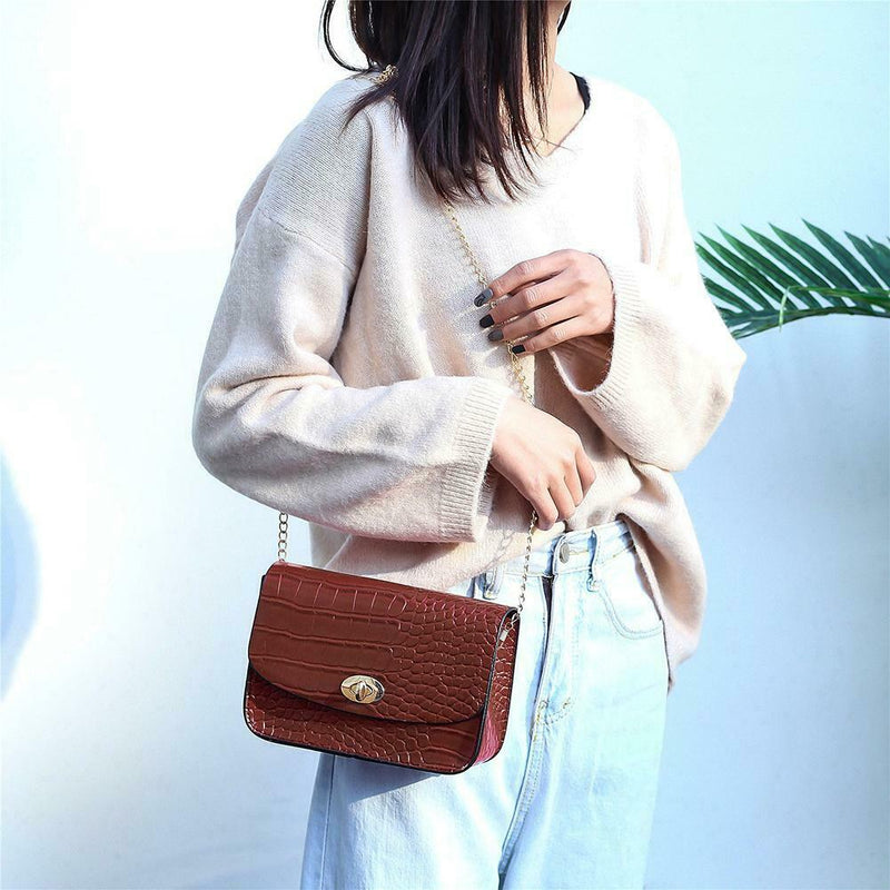 Crocodile Leather Messenger Bag Women Retro Purse Shoulder Handbag (Brown)