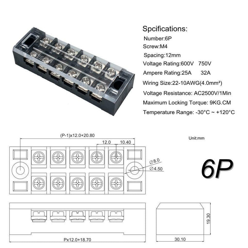 5x Block/Strip 6Position 25A Wire Barrier Dual Row Screw Terminal Panel
