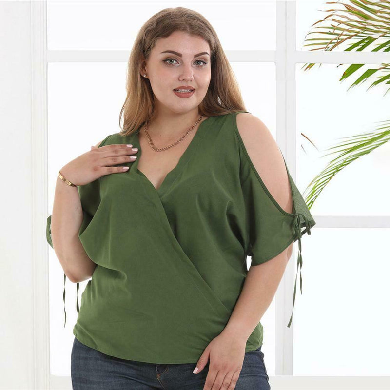 Off Shoulder Short Sleeve T Shirts Women Chiffon Tops (Army Green)(5XL)