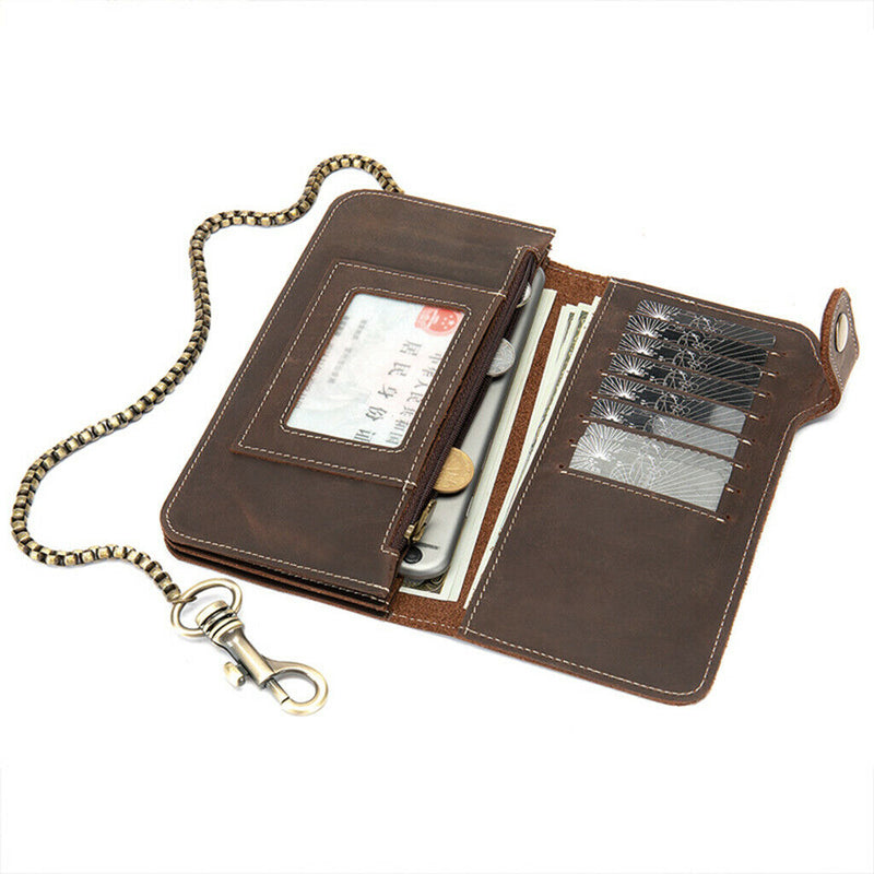 Men's Long Clutch Wallet Credit Card Bifold Holder Purse with Anti-Theft Chain