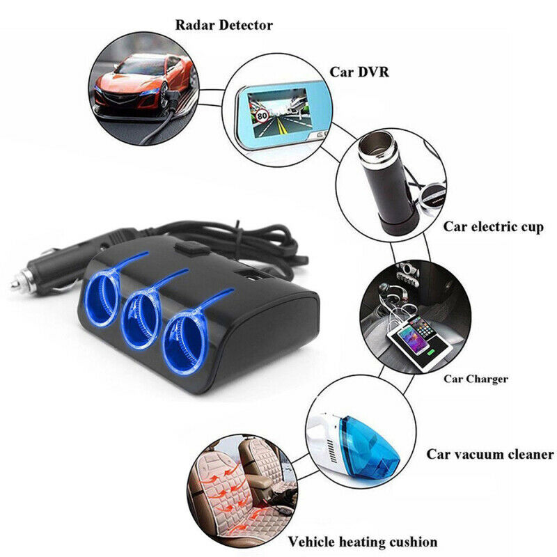 Car Cigarette Lighter 3 Socket Splitter 12/24V Dual USB Port Charger Adapter