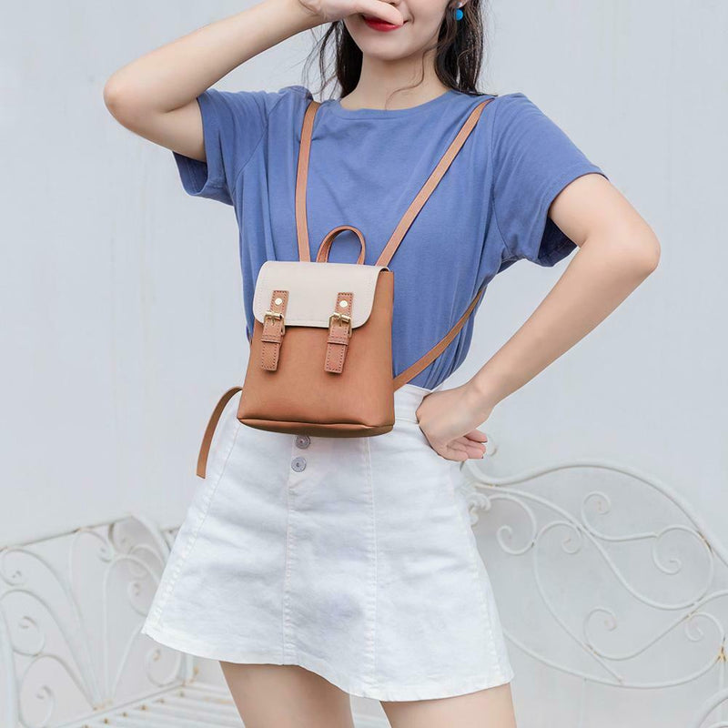 Mini PU Leather Women Shoulder Bags Flap Backpack Lady School Bags (Brown)