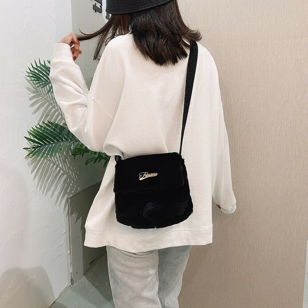 Plush Rabbit Tail Messenger Bag Women Solid Street Shoulder Satchel (Black)