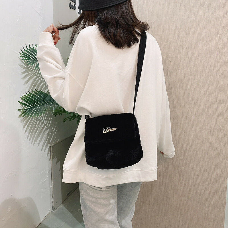 Plush Rabbit Tail Messenger Bag Women Solid Street Shoulder Satchel (Black)