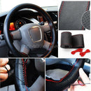 Black+Red PU Leather DIY Car Steering Wheel Cover 38cm With Needles and Thread