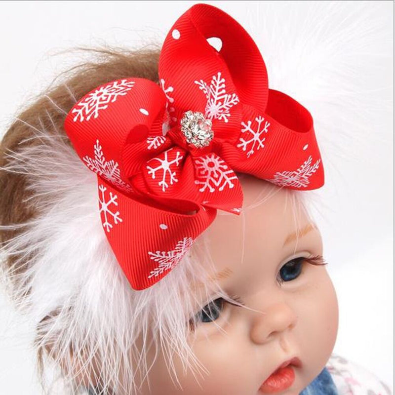 Christmas Baby Girls Toddler Bow Feather Headband Snow Flower Girl Headwear NEW.