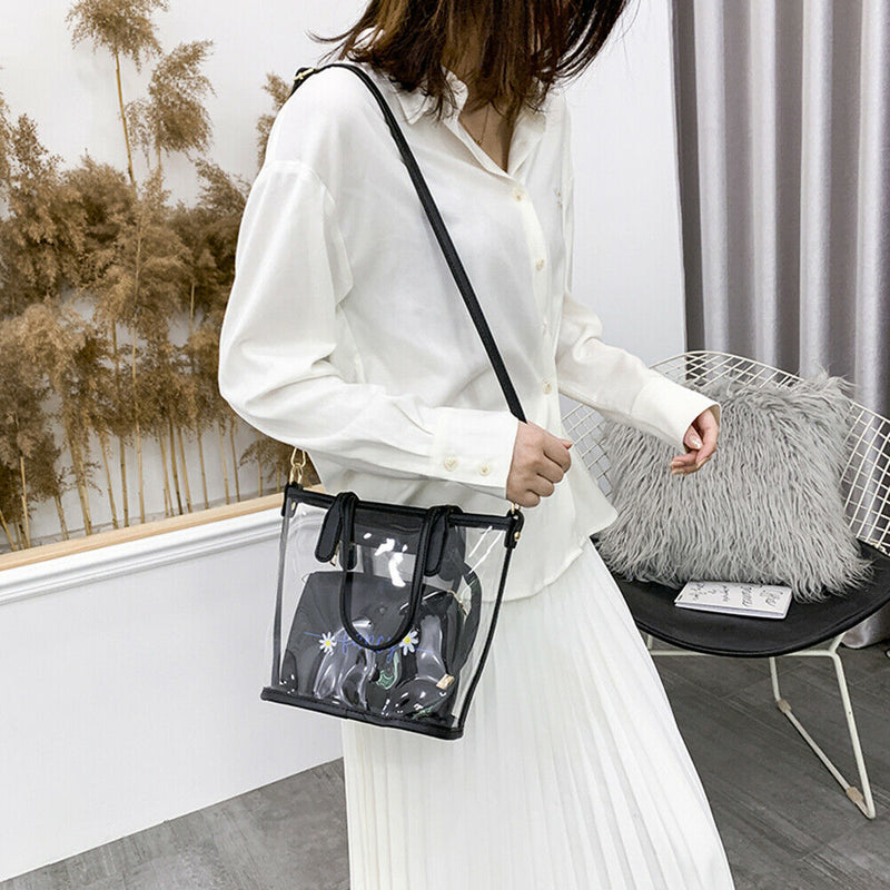 2pcs PVC Transparent Women Shoulder Crossbody Bag PU Clutch Handbag (Black)