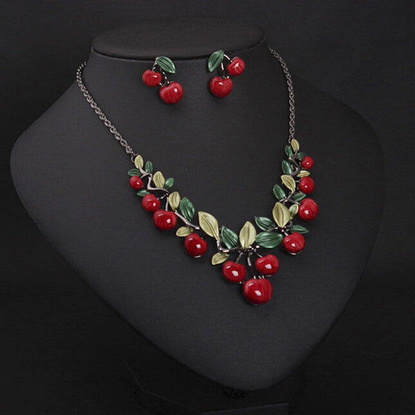 1 Set Fashion Red Cherry Jewelry Set Metal Bridal Necklace Earrings Chic3C