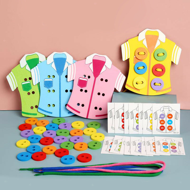 Wooden Threading Lacing Sew-on Buttons Pre-School Puzzle Toys for Boys Girls