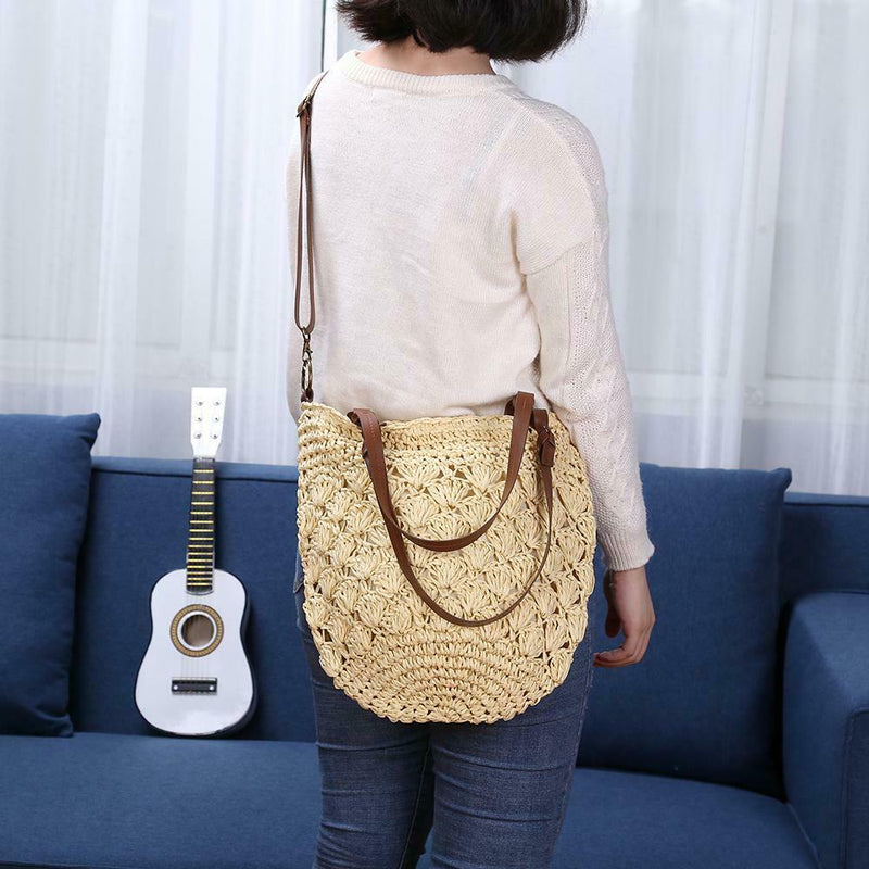 Straw Beach Woven Tote Bags Casual Women Shoulder Messenger Handbag (Beige)