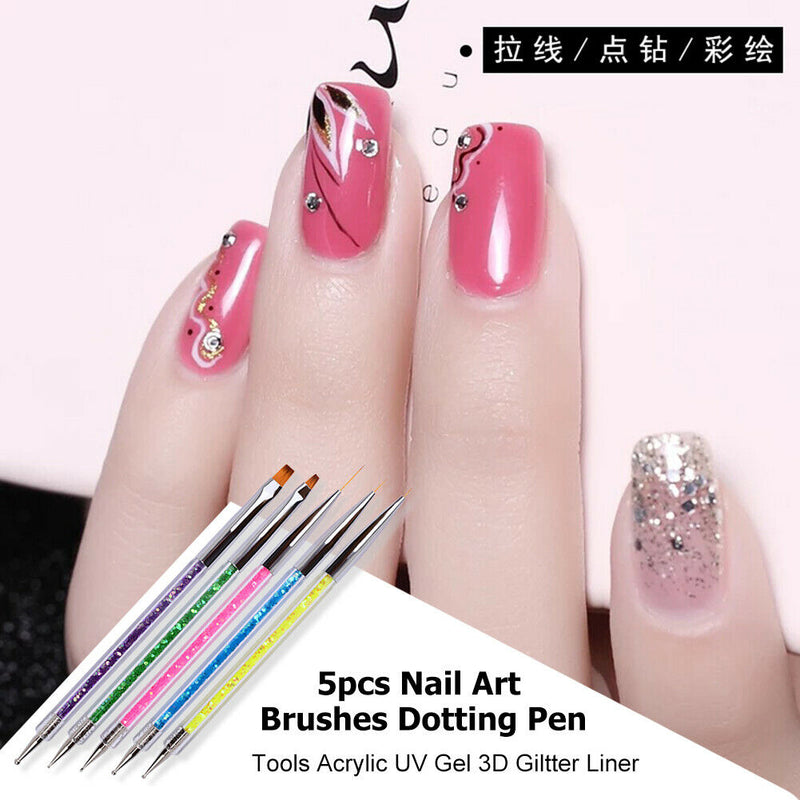 5pcs/Set Nail Art Painting Pens Acrylic Rhinestone Handle UV Gel Dotting Brushes